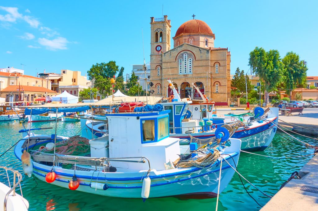 Fishing boats and the church of Panagitsa in Aegina harbour