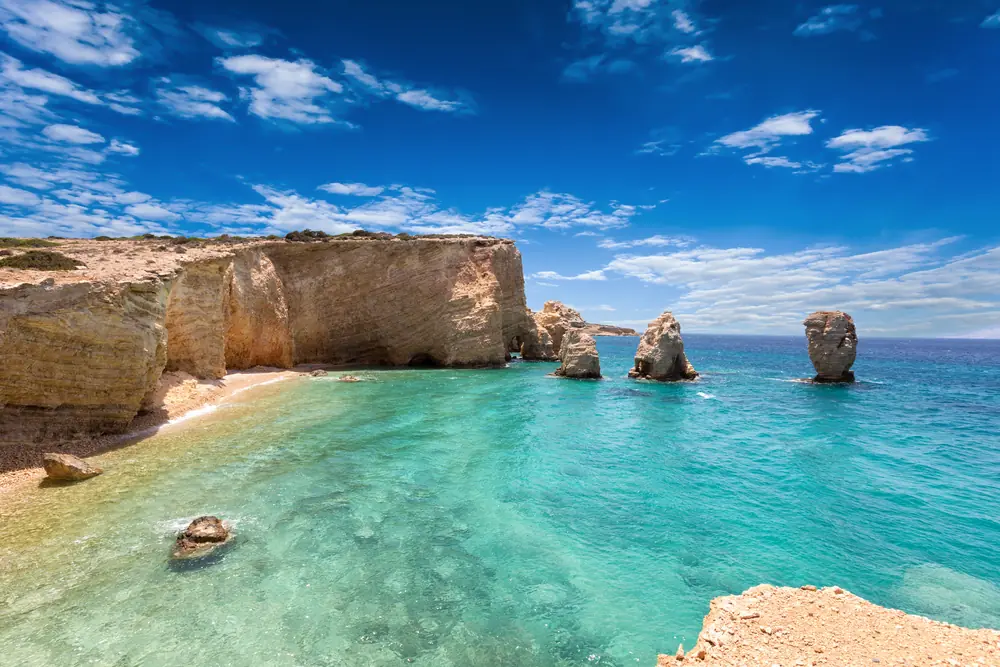 Turquoise water and limestone rock stacks on the coast of Pano Koufonisi