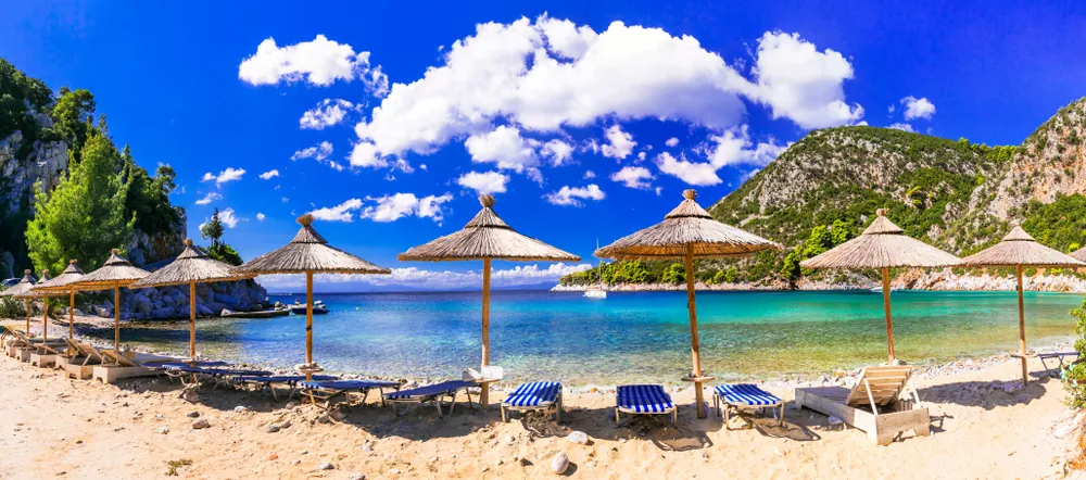 Sun umbrellas on a pine-fringed beach on Skopelos